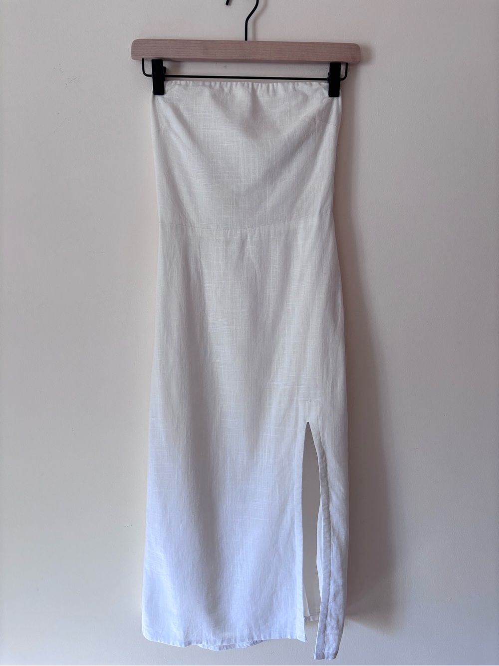 Serena Strapless White Midi Dress with Side Slit - Picture 2 of 4